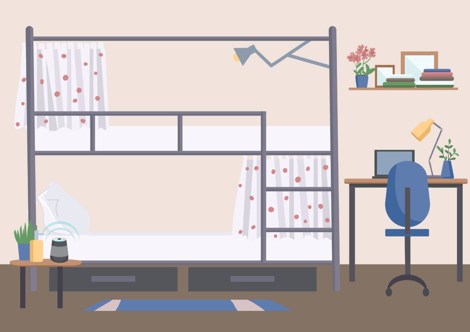 Hostel, dorm room flat color vector illustration. University dormitory, accommodation 2D cartoon interior with bunk bed on background. Student lifestyle, college experience. Empty shared room by ntl