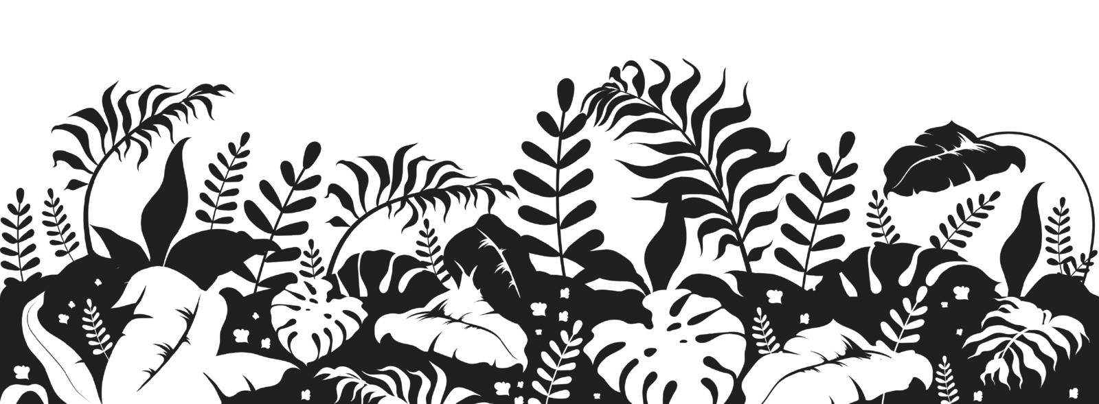 Tropical foliage black silhouette vector illustration. Wild vegetation. Botanical and herbal decoration. Shrubs and bushes. Exotic monochrome landscape. Subtropical leaves 2d cartoon shape