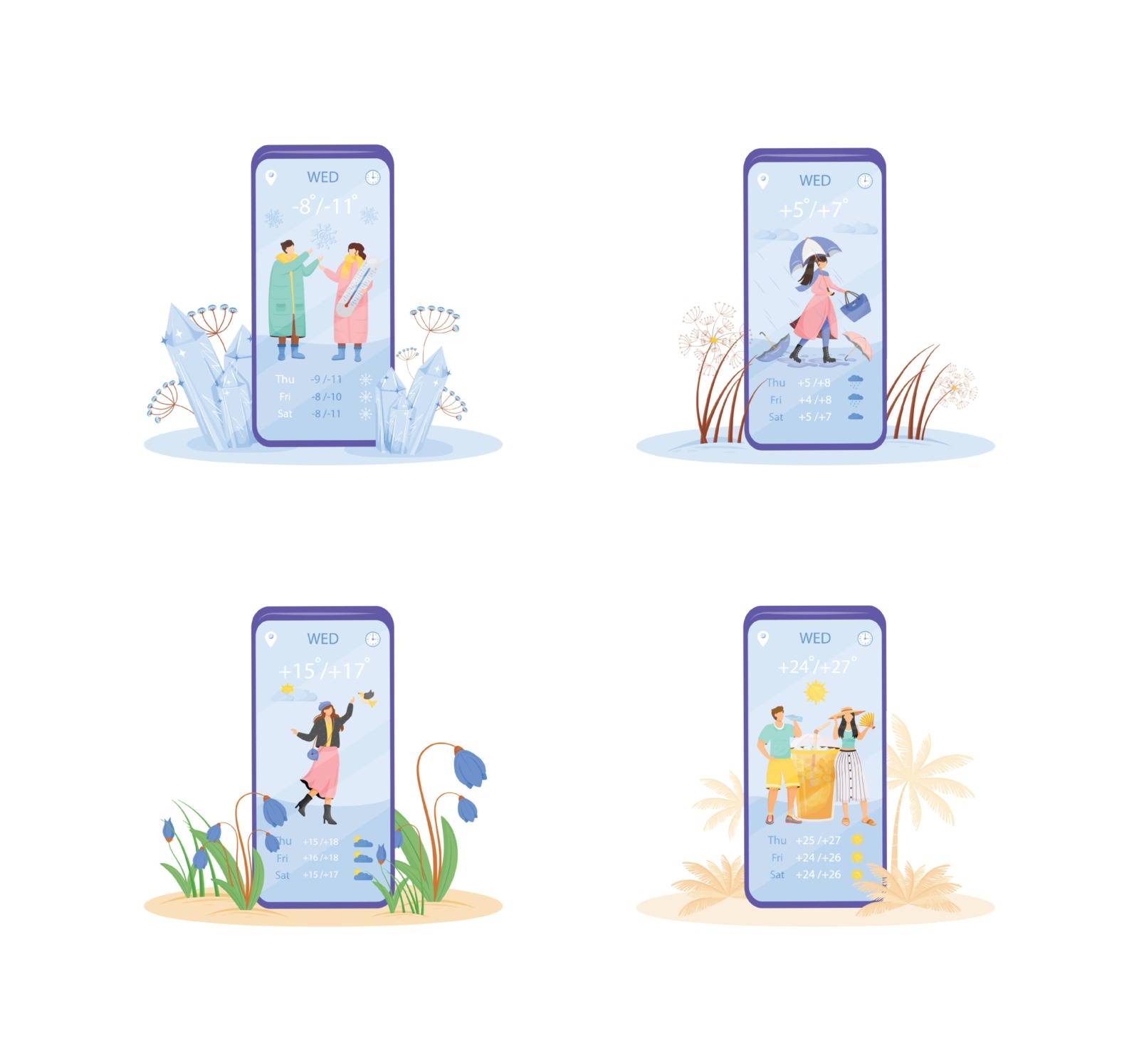 Weekly weather forecast cartoon smartphone vector app screen set. Mobile phone display with flat character design mockup. Daily temperature notification application telephone interface. ZIP file contains: EPS, JPG.