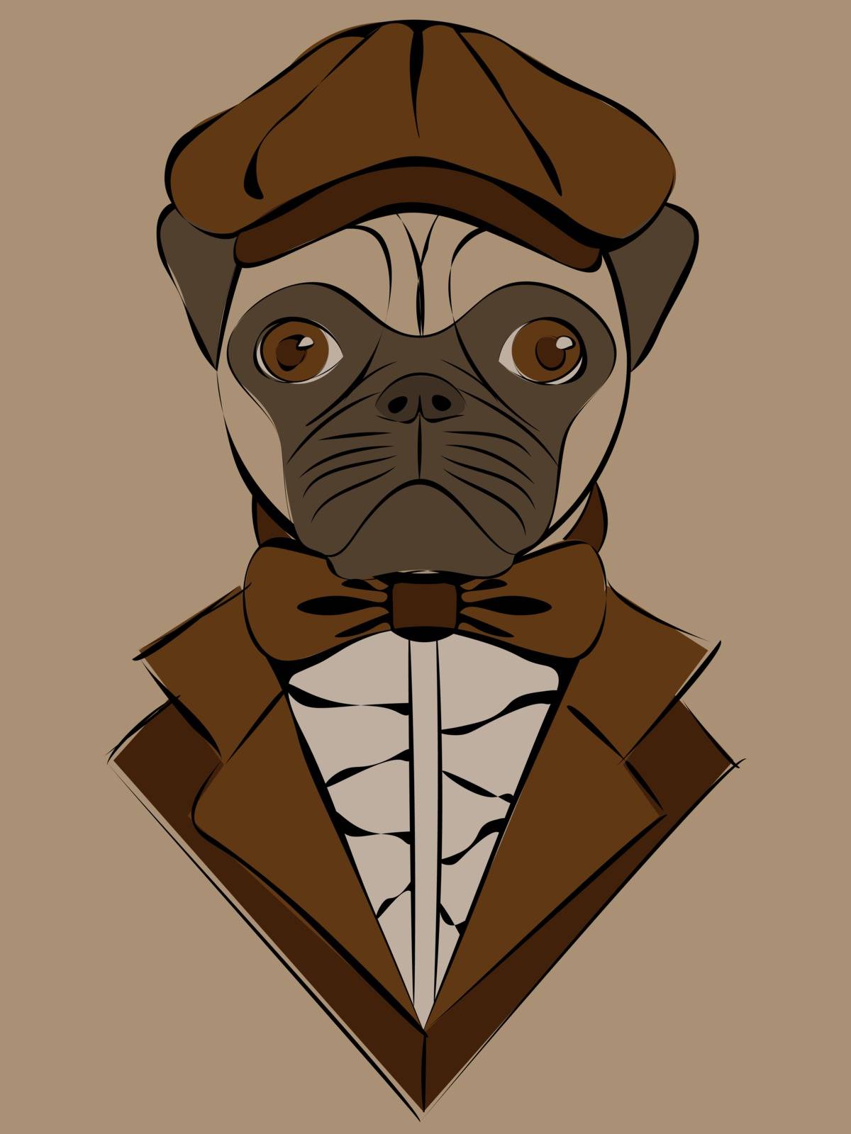 cute illustrasion with pug in old-fashioned brown cap and jacket on beige backgrond