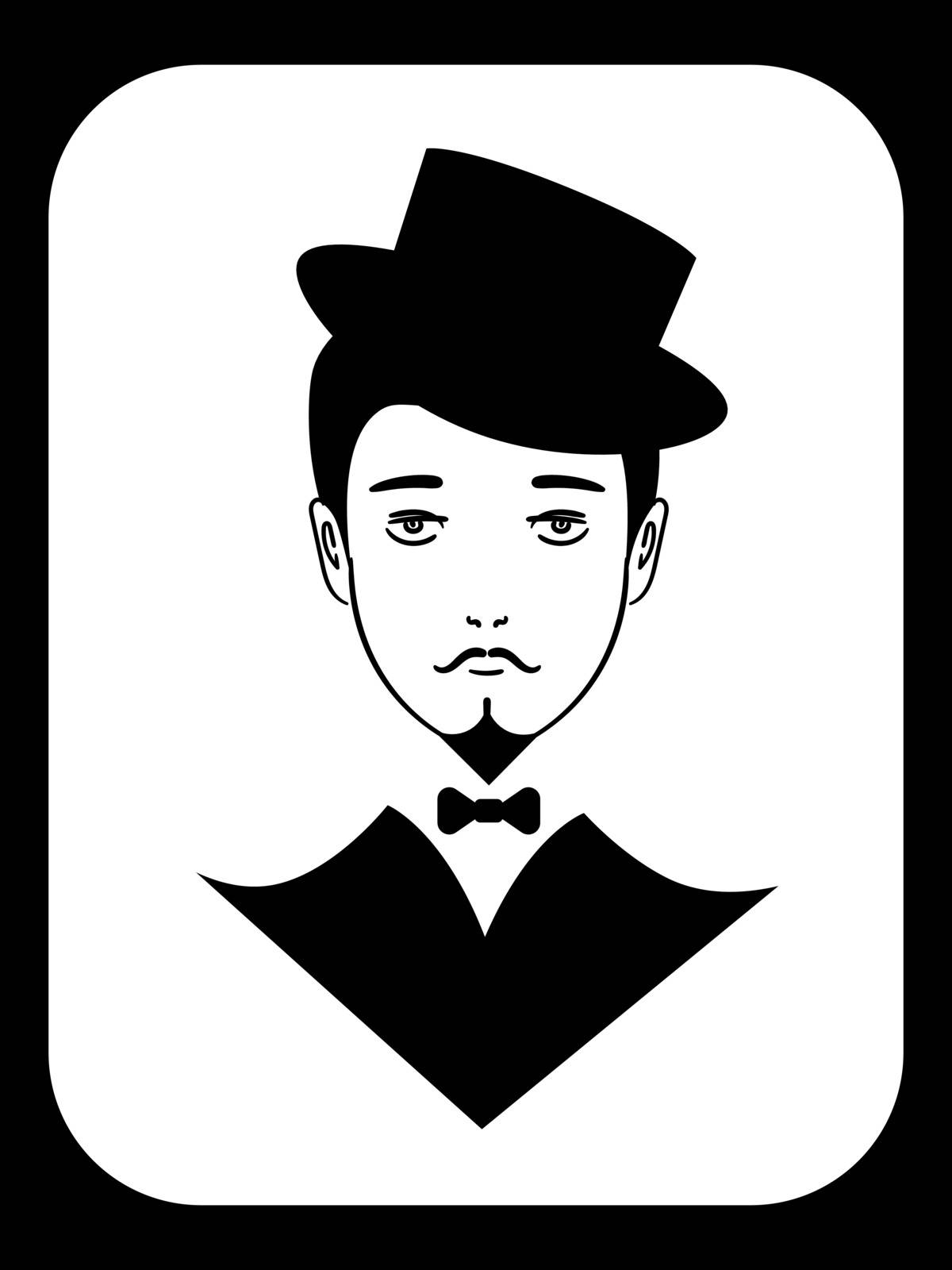 Black and white icon with vintage gentleman in tuxedo and hat