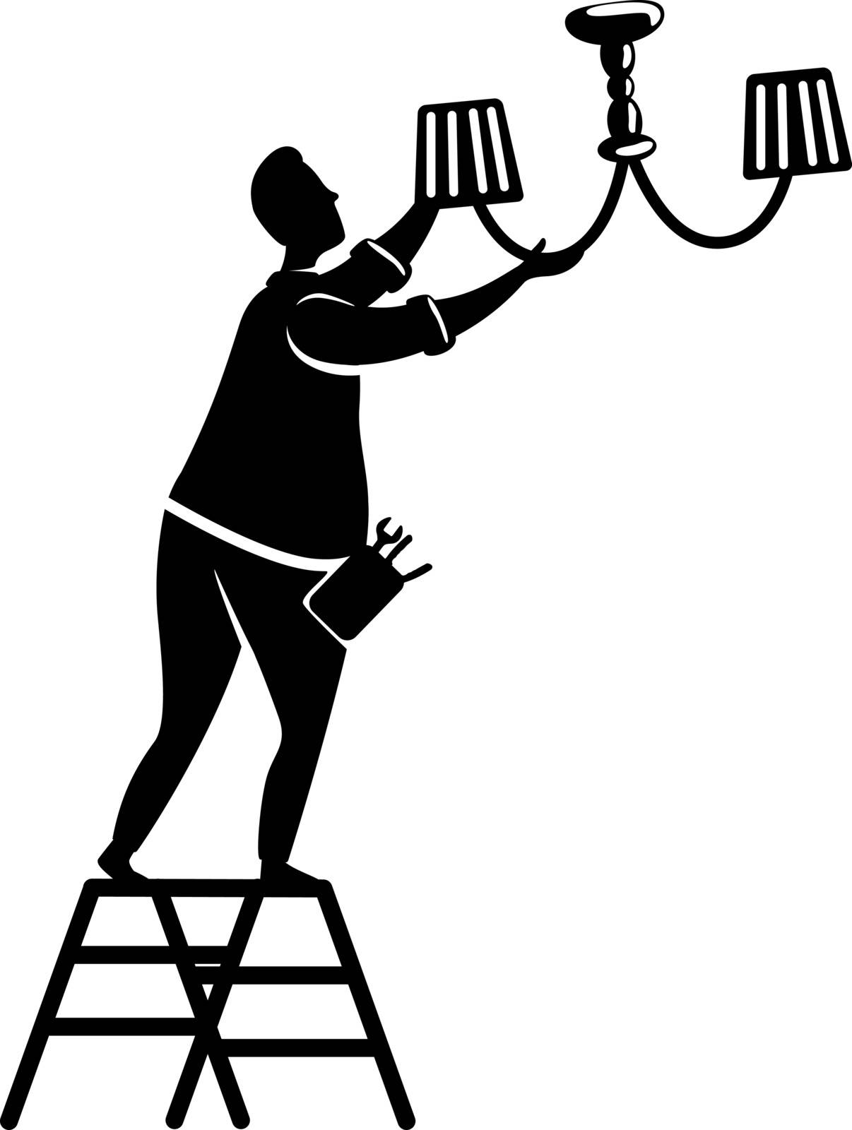 Man fixes chandelier black silhouette vector illustration. Guy changes lightbulb. Home repairs. Working person pose. Handyman 2d cartoon character shape for commercial, animation, printing. ZIP file contains: EPS, JPG.