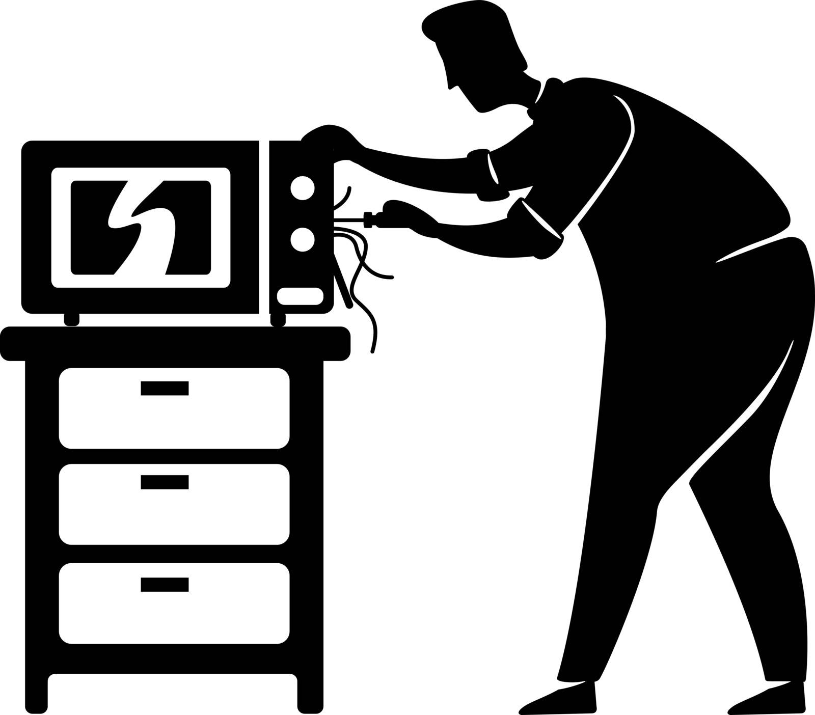 Man fixed microwave black silhouette vector illustration. Guy repairs oven. Home maintenance. Working person pose. Handyman 2d cartoon character shape for commercial, animation, printing. ZIP file contains: EPS, JPG.