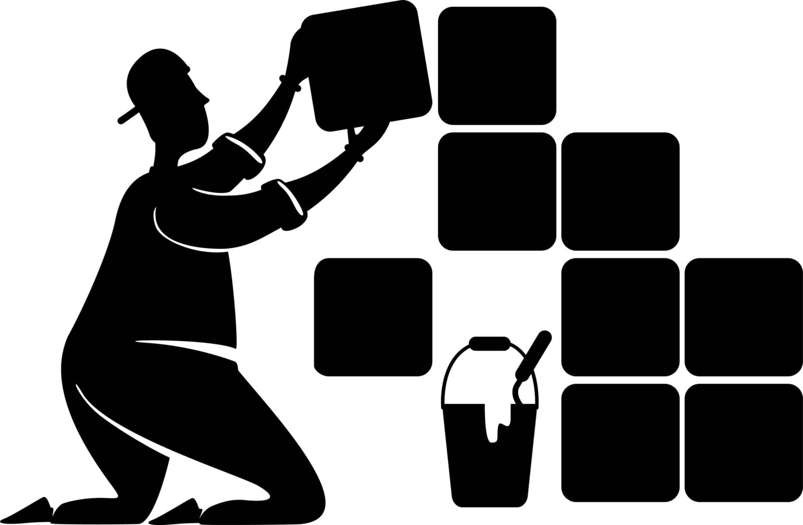 Laying ceramic tiles black silhouette vector illustration. Home repair services. House renovation. Working person pose. Repairman 2d cartoon character shape for commercial, animation, printing. ZIP file contains: EPS, JPG.