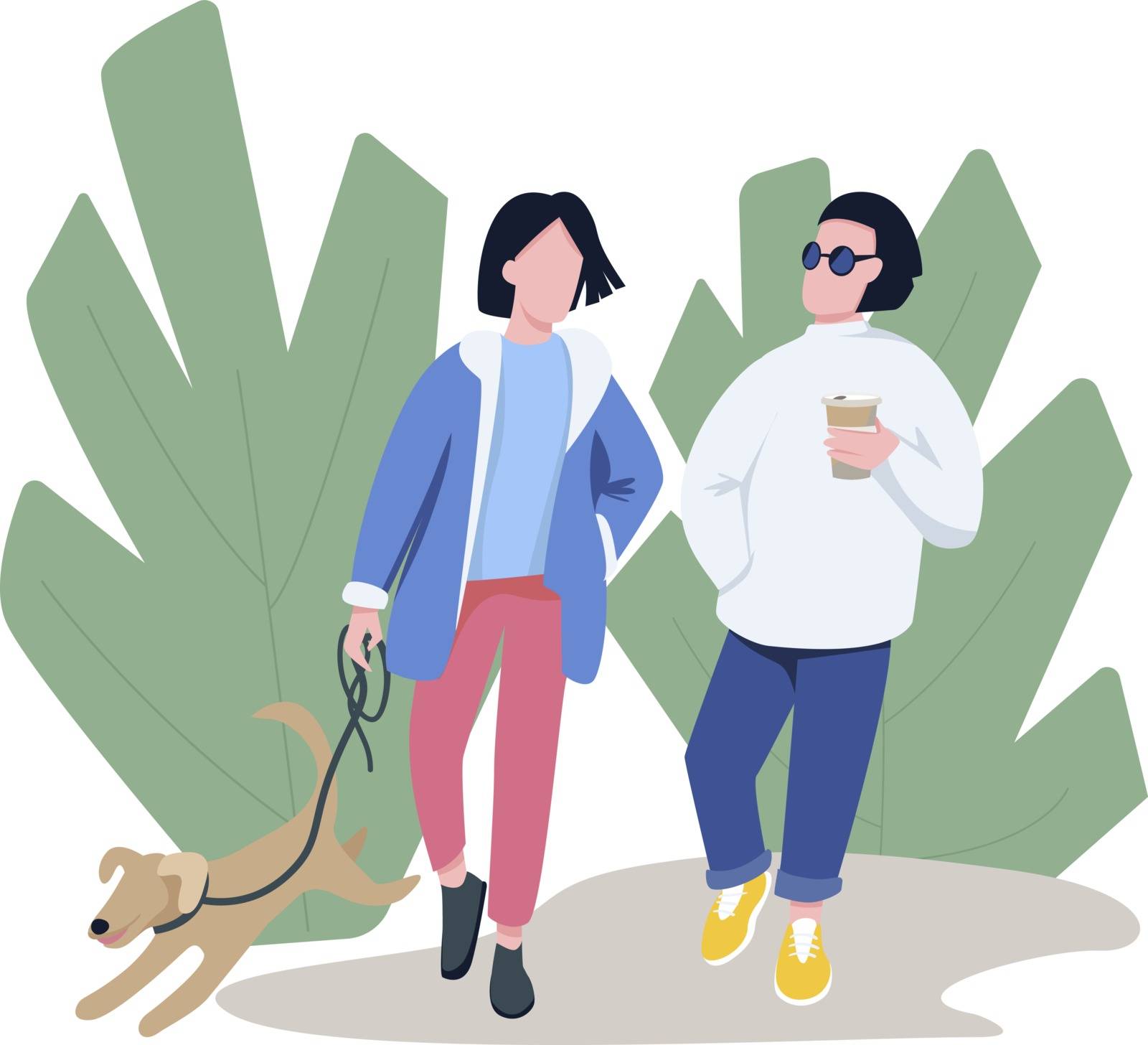 Friends walking with pet flat color vector faceless characters. Dog owner, pet lover strolling with neighbour in park isolated cartoon illustration for web graphic design and animation. ZIP file contains: EPS, JPG.
