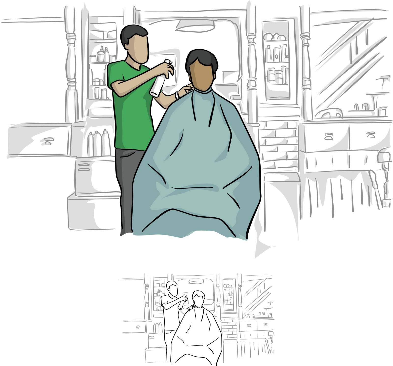 front view of hairdresser using spray on hair of male client vector illustration sketch doodle hand drawn with black lines isolated on white background