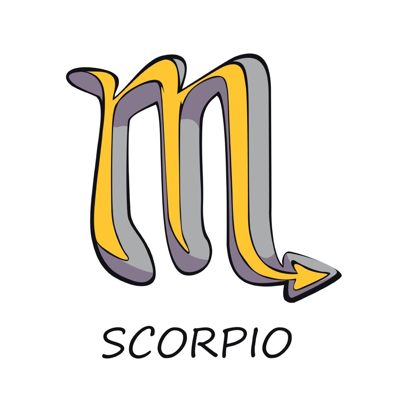 Scorpio zodiac sign flat cartoon vector illustration. Celestial scorpion, water horoscope symbol. Astrological monthly prediction object. Astrology chart yellow element. Isolated hand drawn item