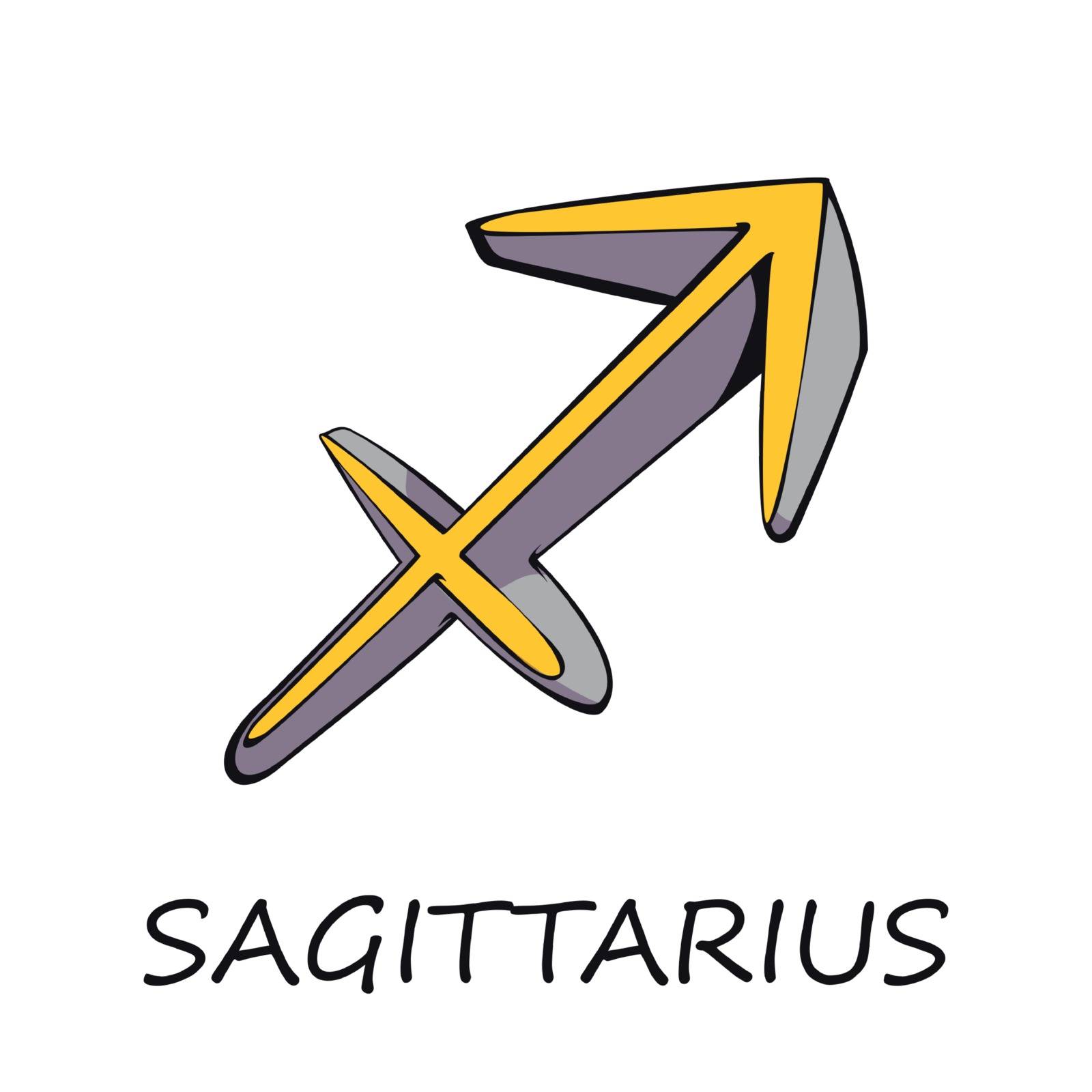 Sagittarius zodiac sign flat cartoon vector illustration. Celestial archer, fire horoscope symbol. Astrological monthly prediction object. Astrology chart yellow element. Isolated hand drawn item