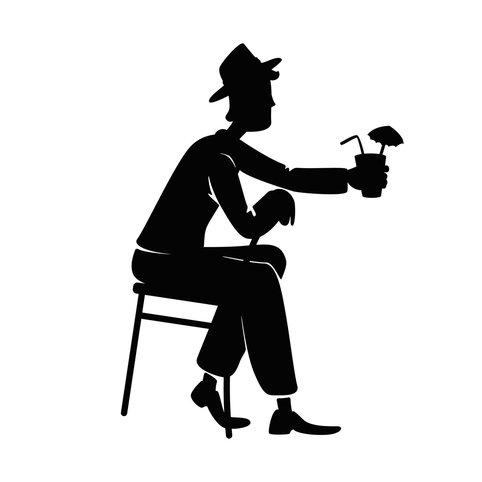 Man drinking alcohol black silhouette vector illustration. Sitting on chair person pose. Old fashioned gentleman in hat with cocktail 2d cartoon character shape for commercial, animation, printing