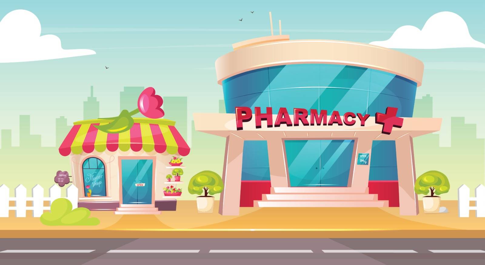 City center flat color vector illustration. Flower shop front. Pharmacy glass building exterior. Drugstore entrance with nobody outside. Cute 2D cartoon cityscape with sidewalk on background
