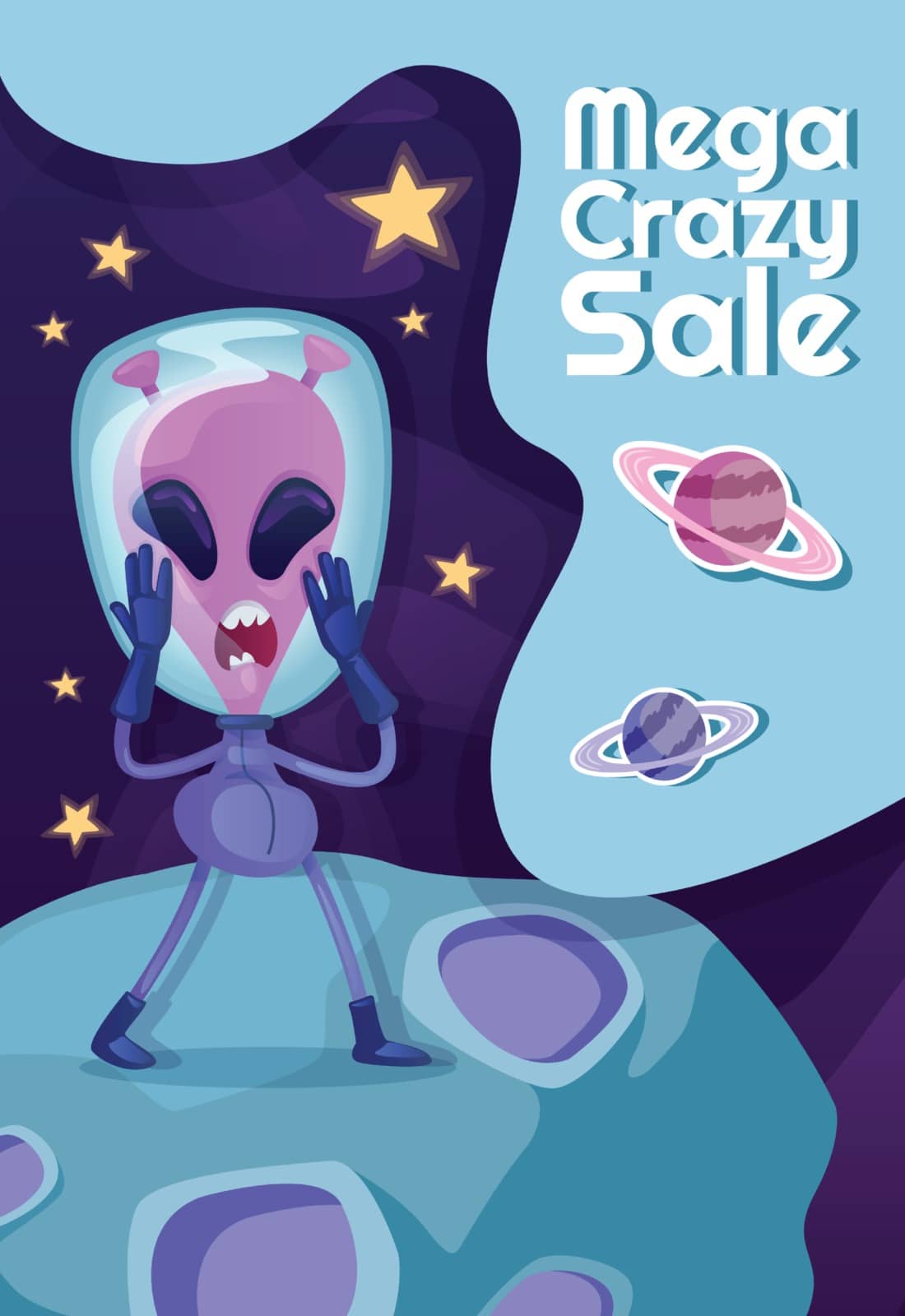 Mega crazy sale poster flat vector template. Emotional martian, amazed extraterrestrial. Brochure, booklet one page concept design with cartoon characters. Discount advertising flyer, leaflet