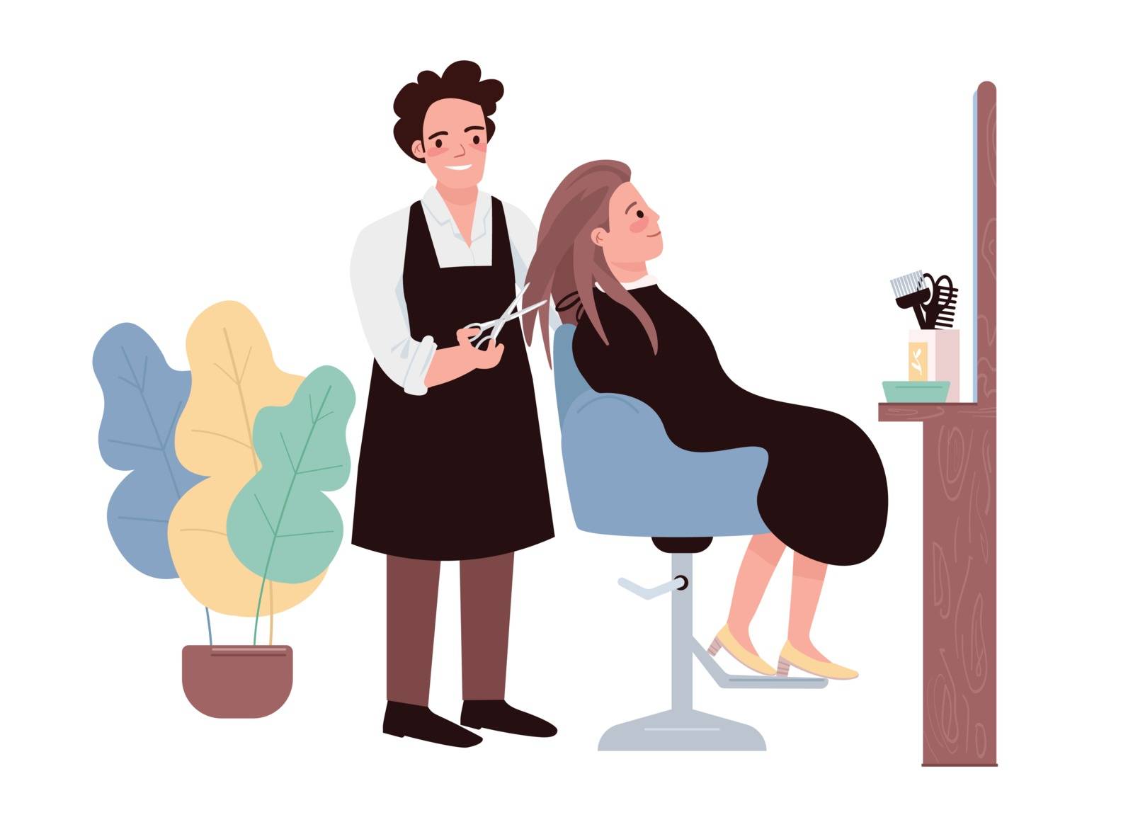 Hairdressing flat color vector characters. Male hairstylist doing haircut. Female caucasian client getting hairdo. Professional hairdresser. Beauty salon procedure isolated cartoon illustration by ntl