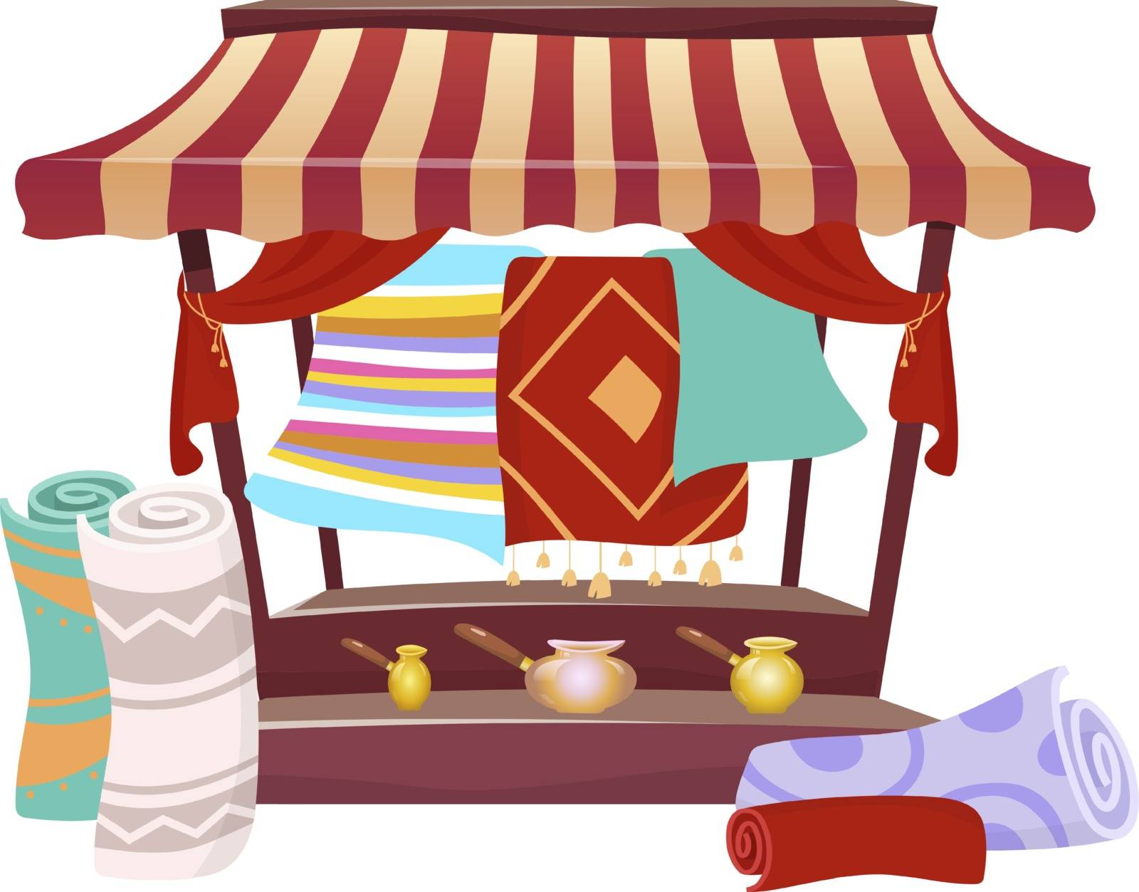Bazaar trade awning with handmade carpets cartoon vector illustration. Eastern marketplace tent, canopy with souvenirs, persian rugs flat color object. Asian fair marquee isolated on white background