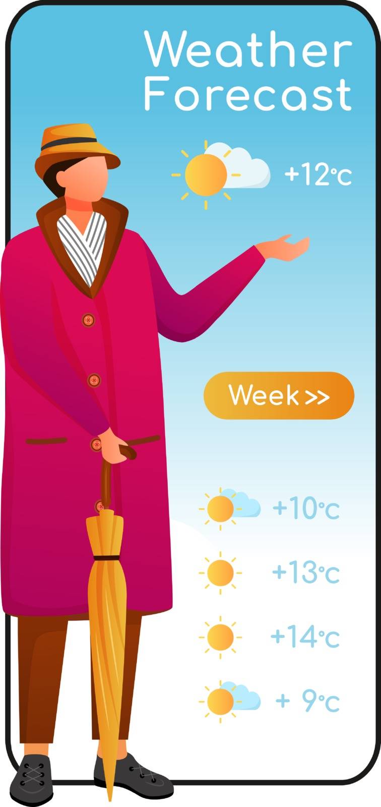 Weather forecast cartoon smartphone vector app screen. Mobile phone display, flat character design mockup. Person with umbrella. Caucasian man in raincoat. Meteorology application telephone interface by ntl