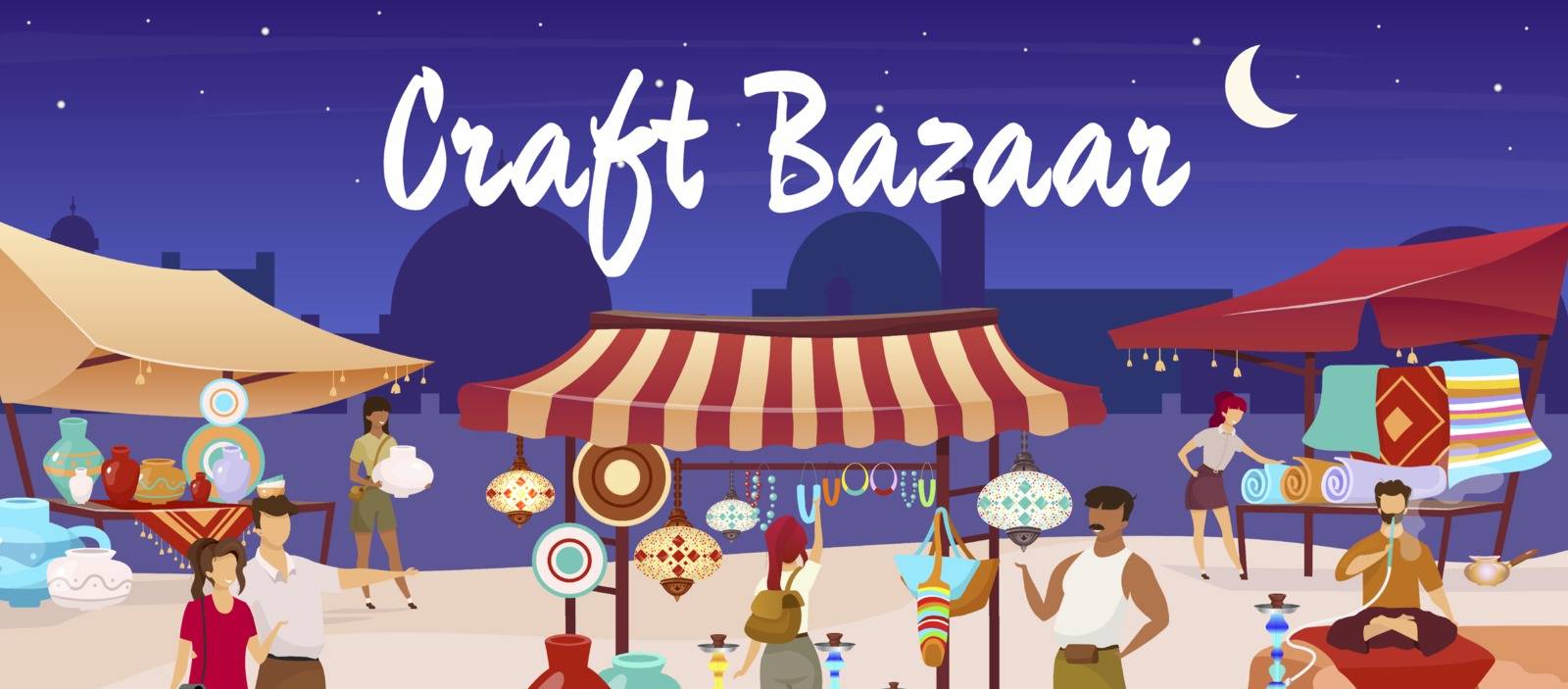 Craft bazaar flat color vector illustration. Egypt marketplace. Eastern market with souvenirs, carpets, pottery for tourist. Travelers, sellers cartoon characters with trade tents on background by ntl