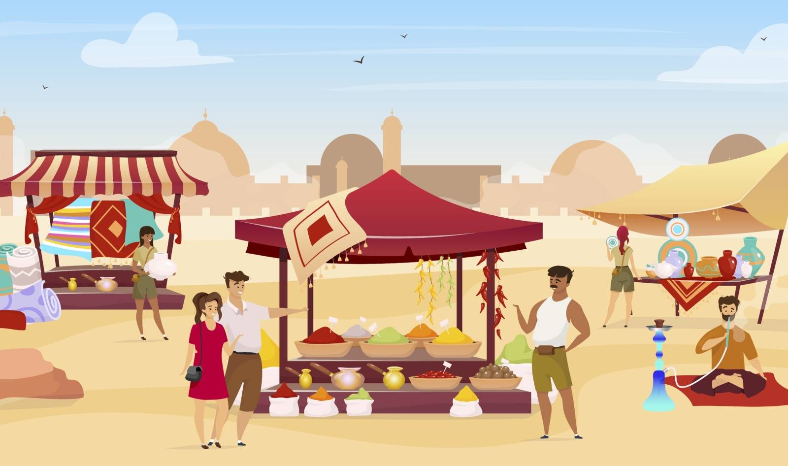 Arabic bazaar flat color vector illustration. Tourists at turkish marketplace with trade awnings. Travelers buying egyptian souvenirs faceless cartoon characters with desert town on background by ntl
