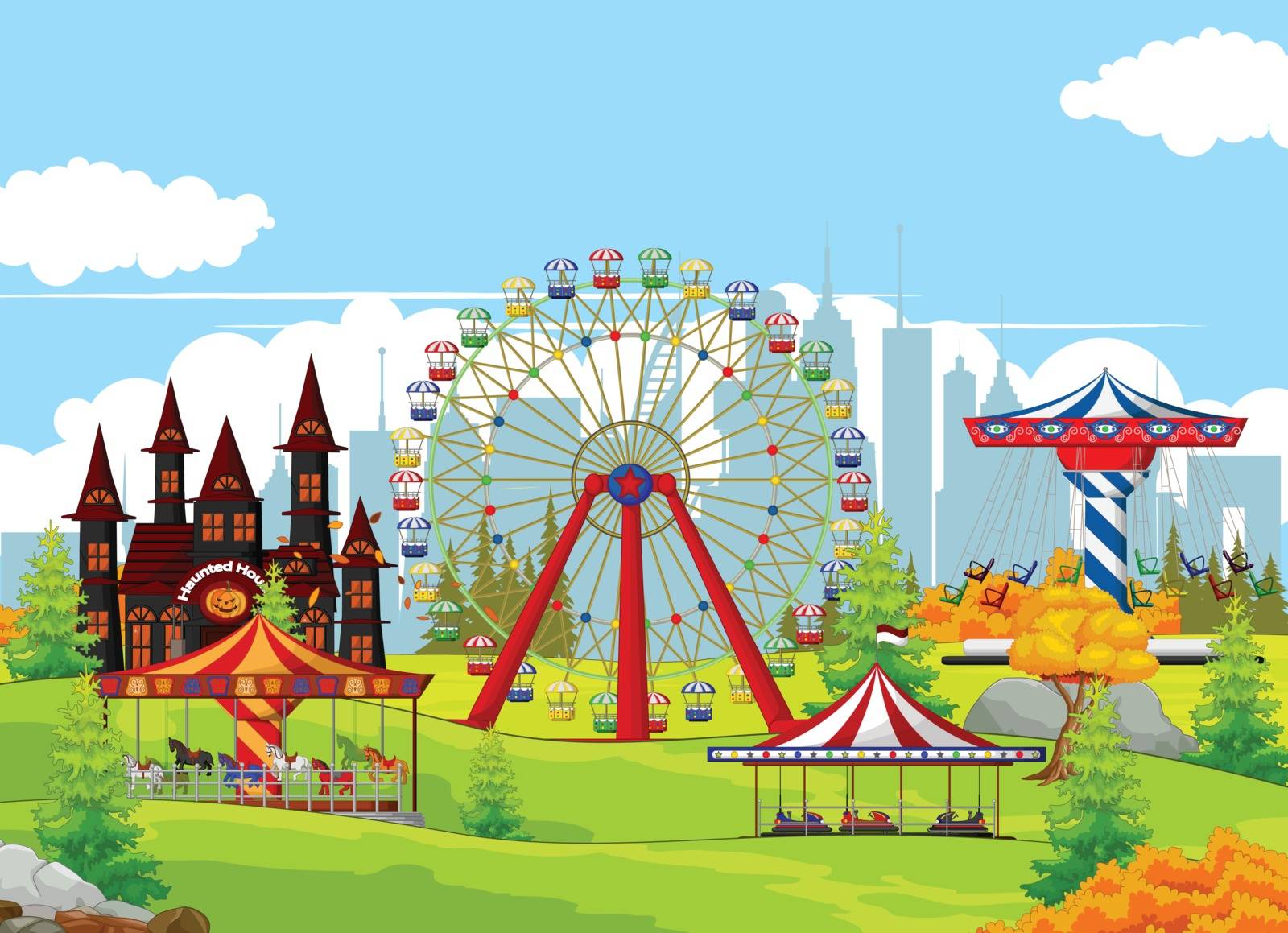 Vector Illustration of Playground in Meadow With Town Background