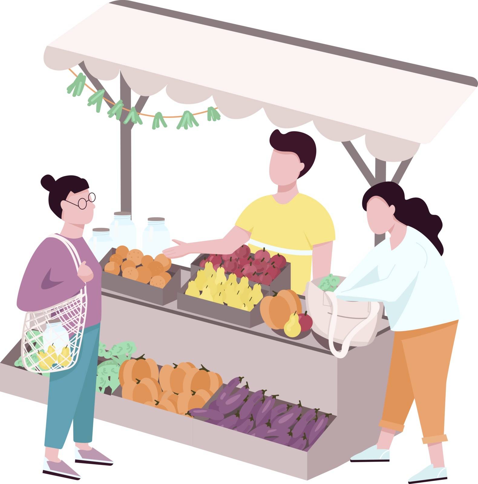 Outdoor street farmer market flat vector faceless characters. Trade tent with eco products. Buyers choosing natural and organic assortment isolated cartoon illustration for web design and animation