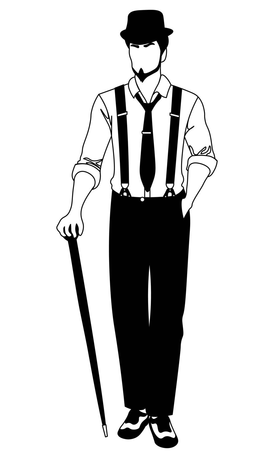 old-fashioned faceless man in hat and suspenders walking with a cane