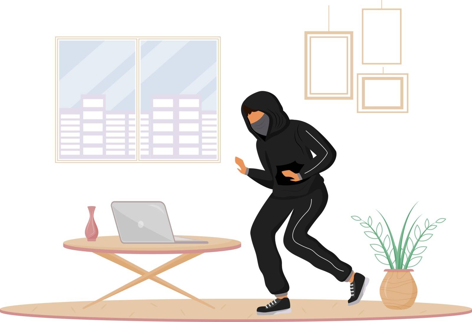 House burglary flat color vector faceless character. Robber stealing laptop from apartment. Property theft. Illegal entry. Home-breaking. Isolated cartoon illustration by ntl