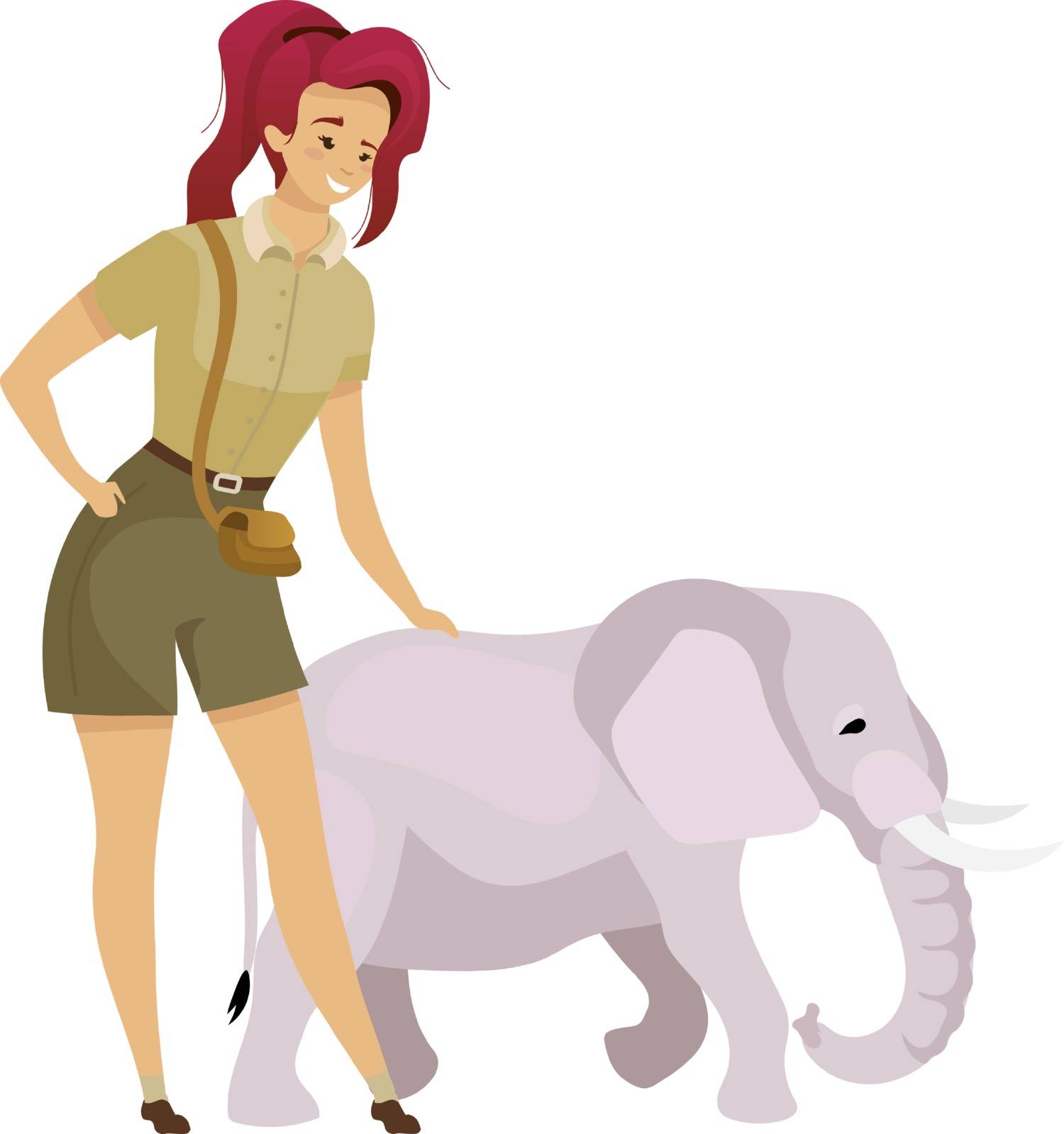 Tourist with elephant flat color vector illustration. Female tourist touching mammal baby. Trip to savannah. South african creature. Woman isolated cartoon character on white background by ntl
