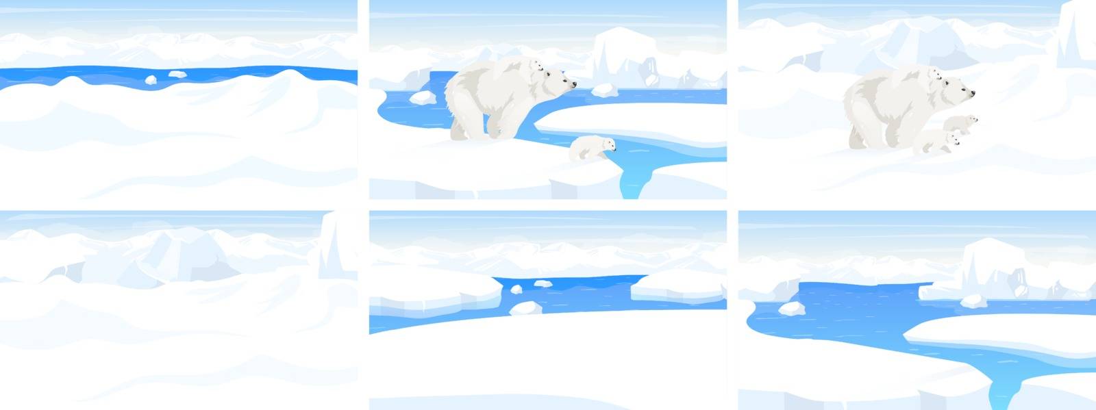 North pole wildlife flat vector illustration. Arctic landscape. Snow panoramic scene. White adult bear walking with cubs on winter hills. Iceberg edges. Marine mammal cartoon wallpaper by ntl