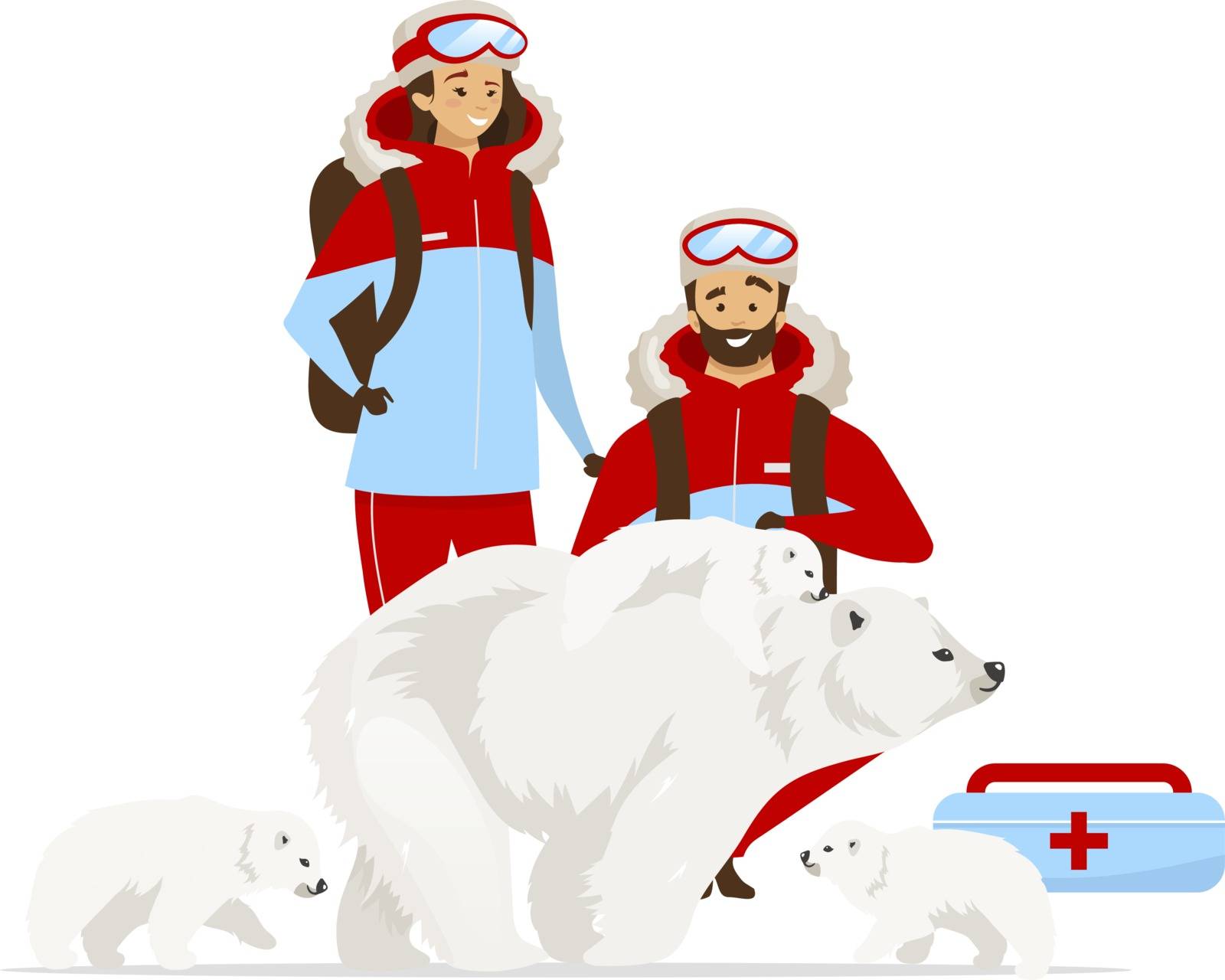 Animal rescue flat color vector illustration. Female and male veterinarians. White polar bear family medical help. Mammal with cubs. People and animal isolated cartoon character on white background