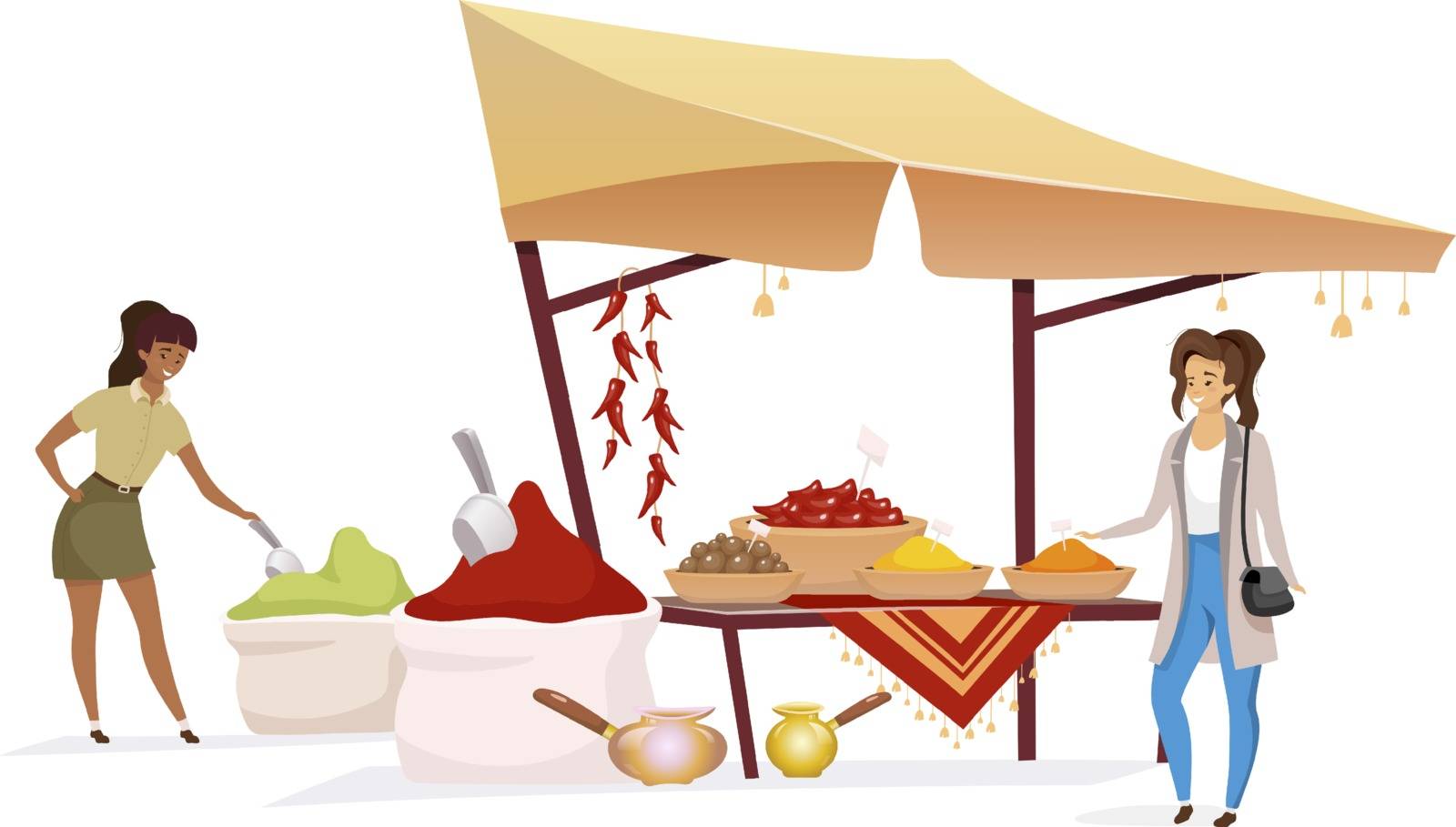 Woman choosing spices flat color vector faceless character. Tourist buying, doing shopping at eastern marketplace. Indian bazaar awning with seasoning isolated cartoon illustration on white background