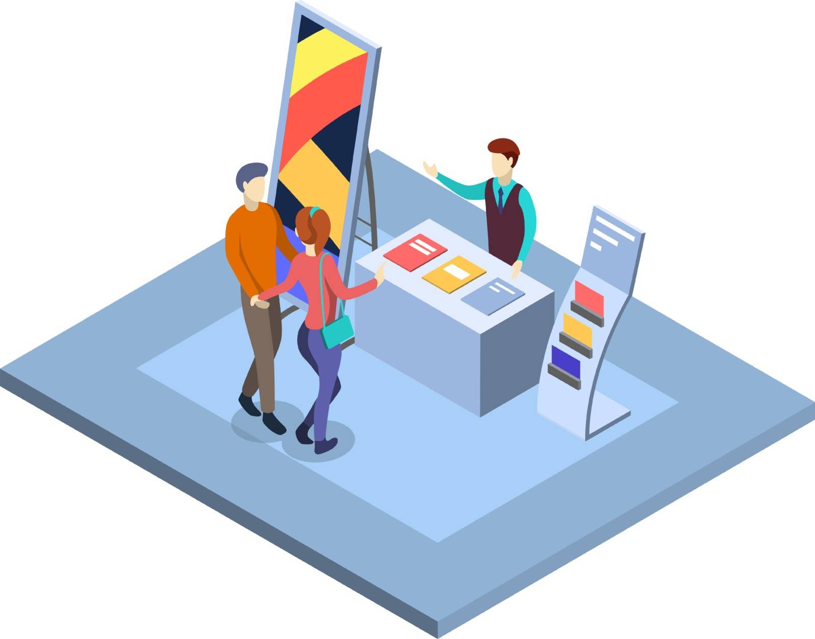 Trade show isometric vector illustration. Visitors at promotional expo stand with salesman, manager characters. Trade exhibition isolated 3d interior. Commercial tradeshow presentation by ntl