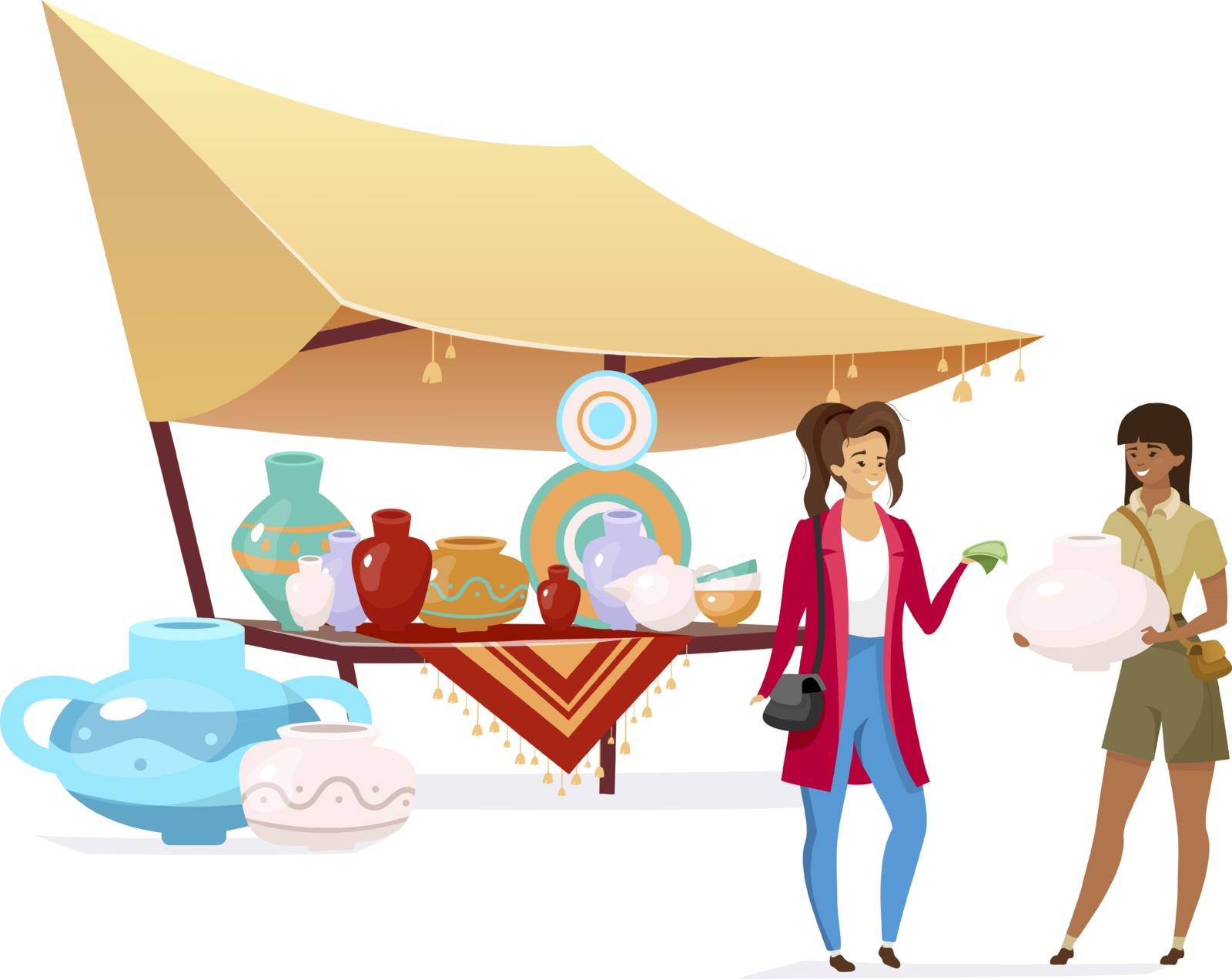 Tourist buying handmade pottery flat color vector faceless character. Travelers at eastern market. Indian bazaar awning with crafted ceramics isolated cartoon illustration on white background