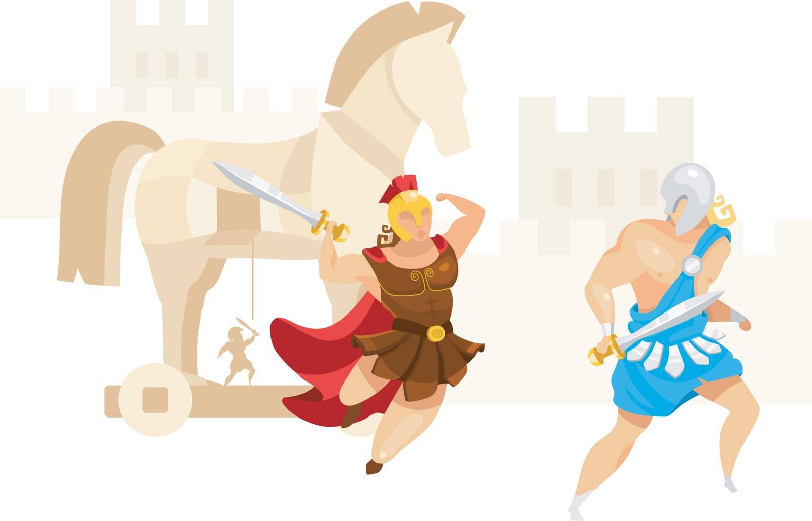 Trojan war flat vector illustration. Troy and Achilles. Warriors fight. City assault in horse contruction. Greek mythology. Homer iliad. Battle scene isolated cartoon character on white background