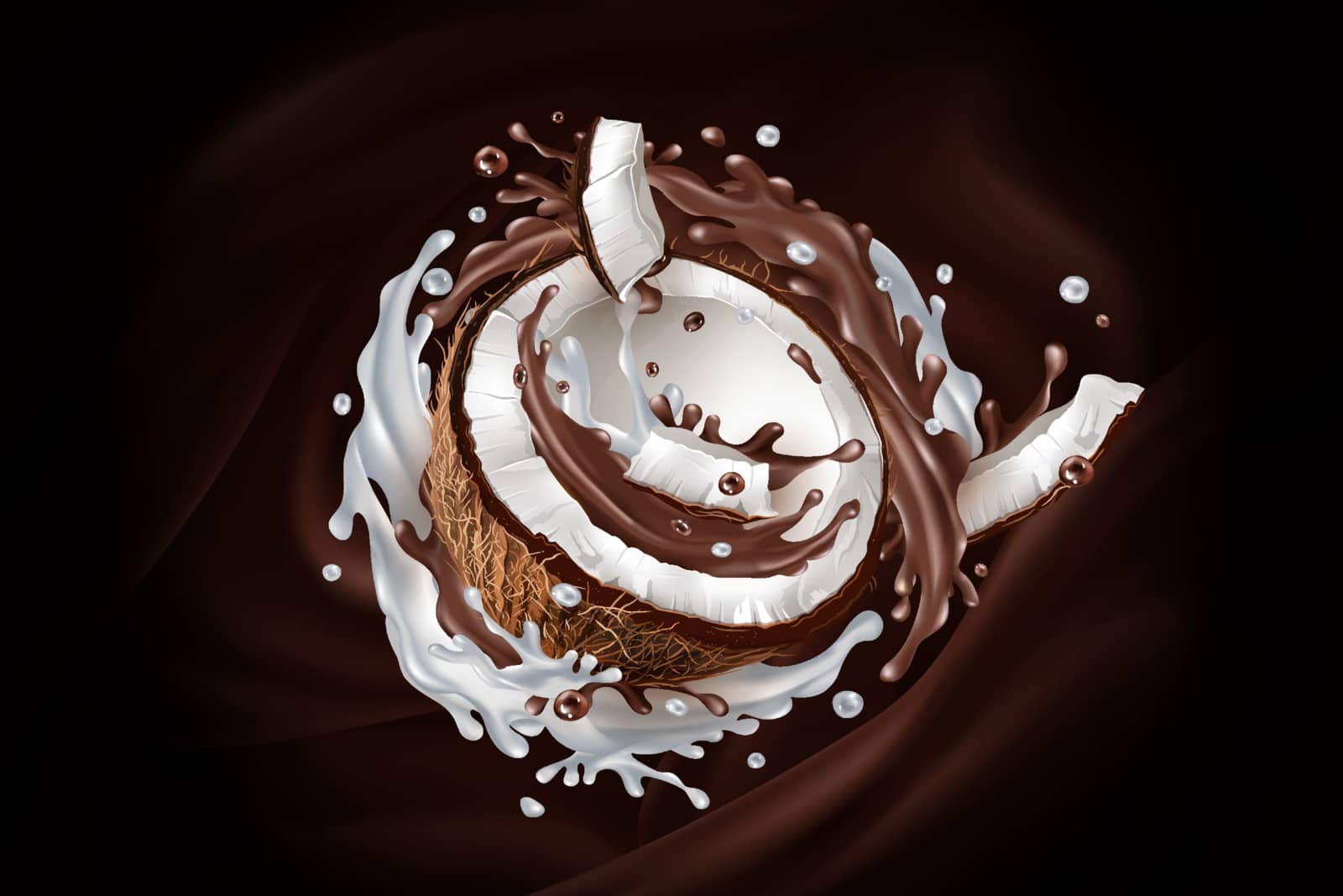 Sliced coconut in a milky and chocolate splash on a dark chocolate background. Realistic vector illustration.
