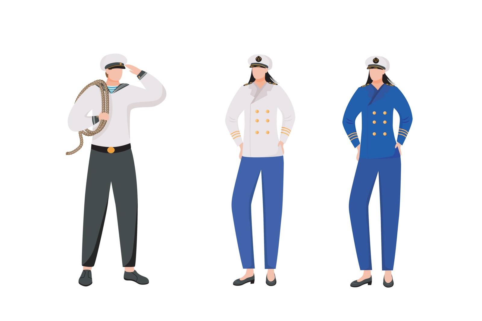 Maritime occupation flat vector illustration. Marine professions. Passenger fleet. Sailor and captains in work uniform isolated cartoon characters on white background