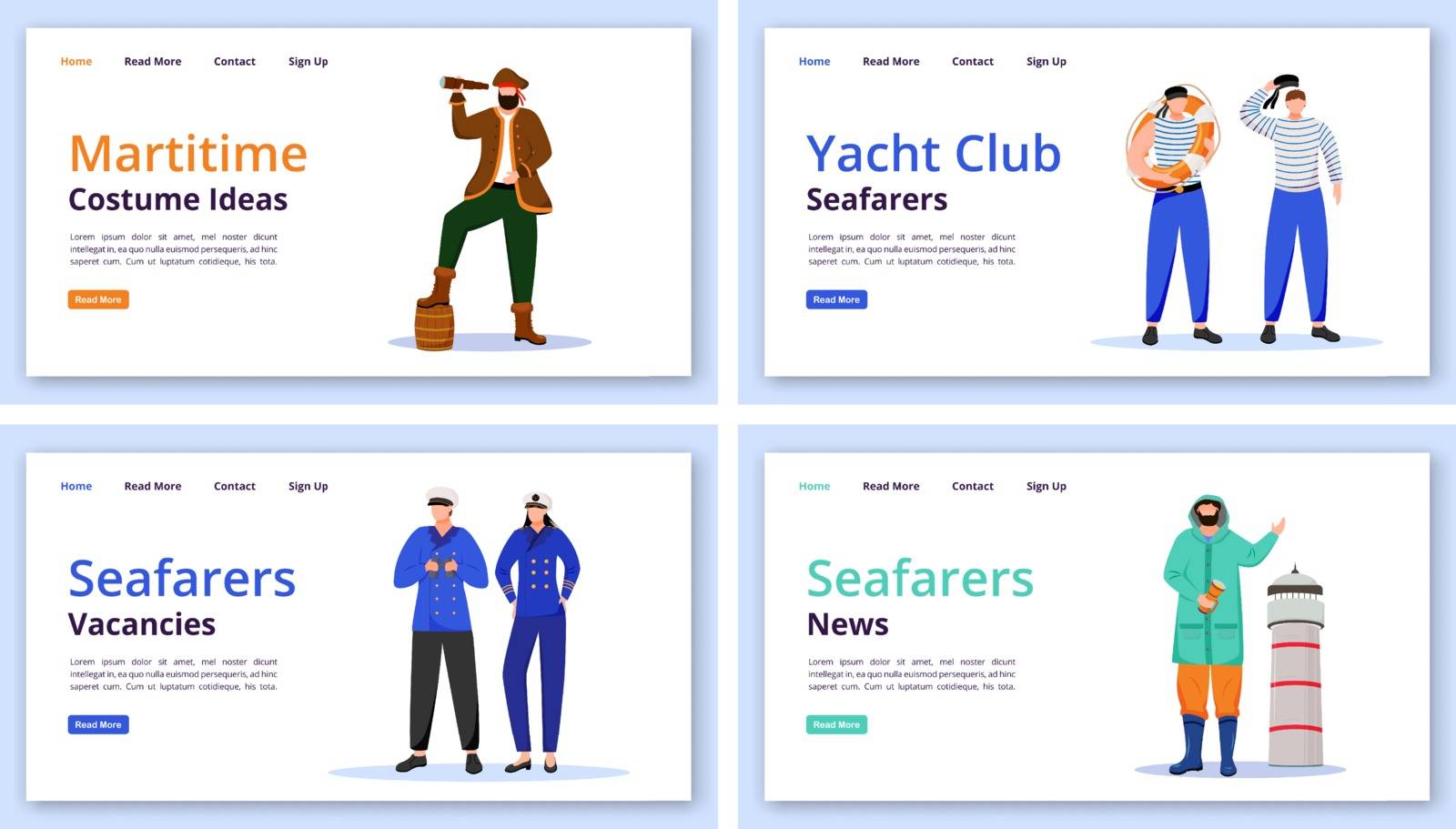 Maritime characters landing page vector templates set. Marine costumes website interface idea, flat illustrations. Yacht club ideas homepage layout. Seafarers news web banner, webpage cartoon concept