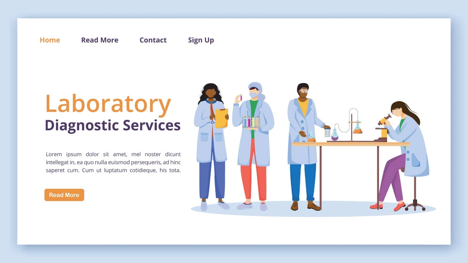 Laboratory diagnostic services landing page vector template. Medical examination website interface idea with flat illustrations. Blood test homepage layout, web banner, webpage cartoon concept