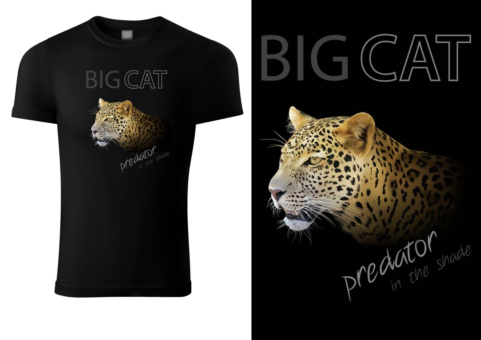 Black T-shirt Design with Leopard Head and Inscriptions - Colored Graphic Design, Vector Illustration