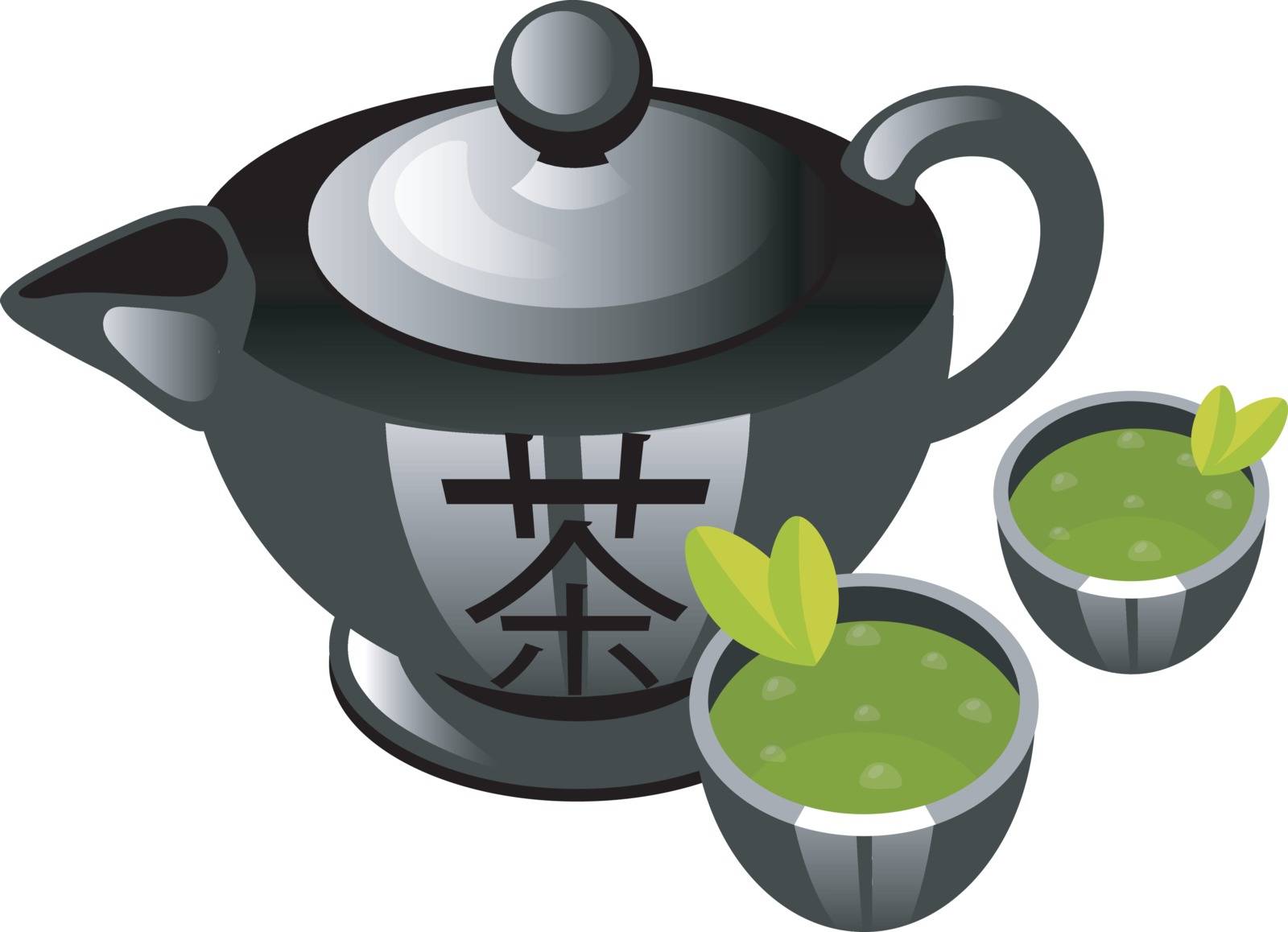 Chinese tea ceremony color icon. Teapot with cups. Asian green tea. Hot drink in porcelain teaware. Teahouse atmosphere. Chinese traditions and culture. Isolated vector illustration