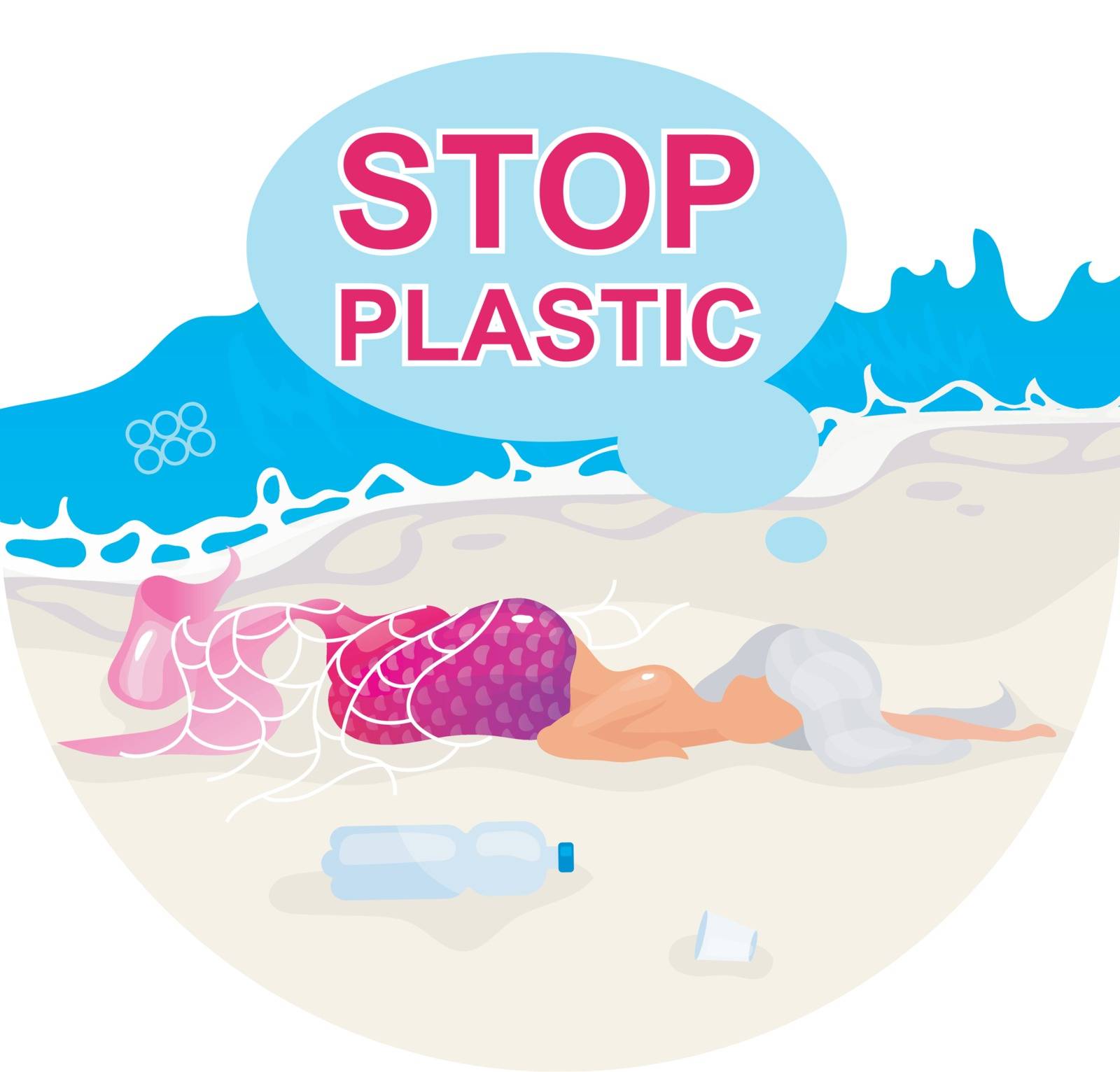 Stop plastic pollution in ocean flat concept icon. Mermaid trapped in fishnet. Dead fantasy creature on beach sticker, clipart. Nature damage. Isolated cartoon illustration on white background
