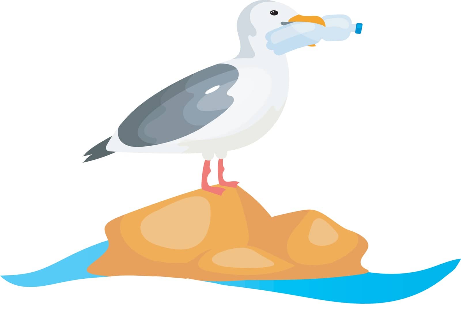 Seagull with plastic bottle in beak flat concept icon. Plastic pollution in ocean problem. Bird eating disposable container sticker, clipart. Isolated cartoon illustration on white background