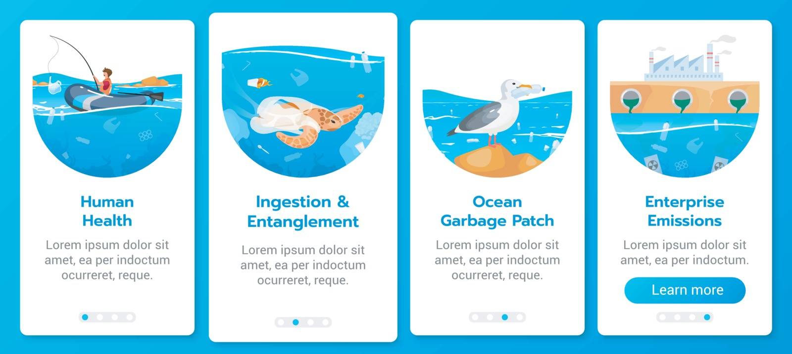 Plastic pollution in ocean problem onboarding mobile app screen vector template. Sea contamination. Walkthrough website steps with flat characters. UX, UI, GUI smartphone cartoon interface concept