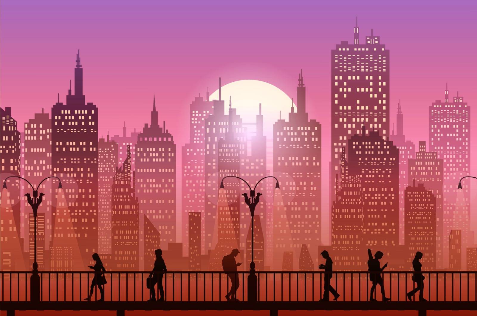 Downtown city wallpaper in the evening landscape wallpaper Sunset Illustration vector style Sunlight colorful view background