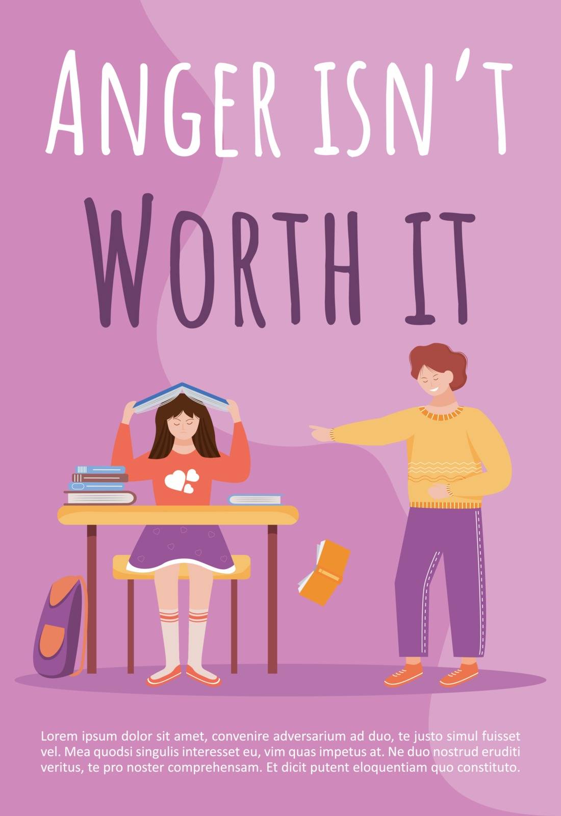 Anger isn’t worth it poster vector template. School bullying problem brochure, cover, booklet page concept design with flat illustrations. Aggressive classmates advertising flyer layout idea