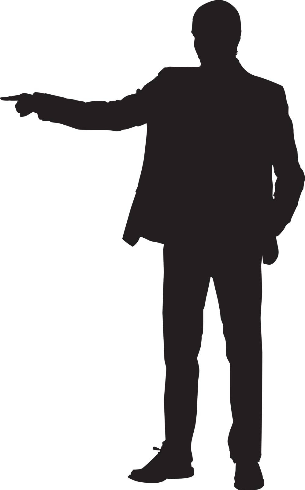 Silhouette of a man pointing with his finger, illustration, vector on white background.