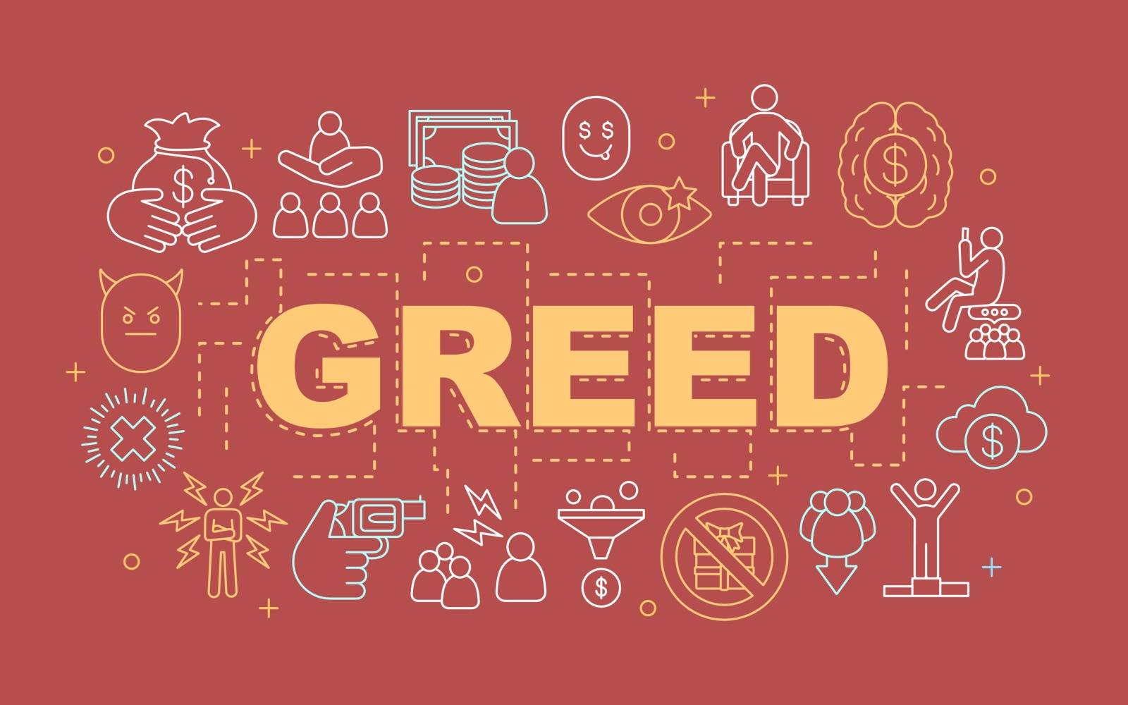 Greed word concepts banner. Pride. Presentation, website. Avarice. Isolated lettering typography idea with linear icons. Vector outline illustration