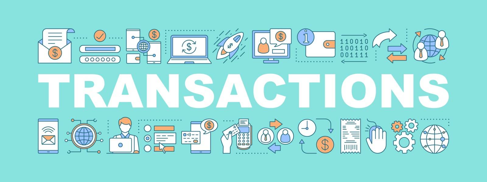 Transactions word concepts banner. Financial management. Payment, e-commerce, banking. Presentation, website concept. Isolated lettering typography idea with linear icons. Vector outline illustration