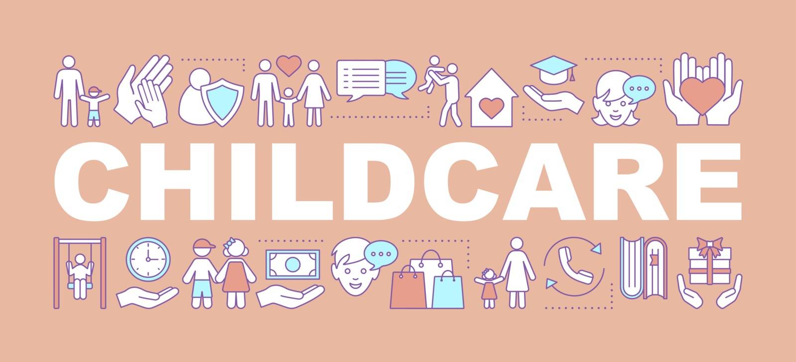 Childcare word concepts banner. Childhood. Parenting. Fatherhood and motherhood. Isolated lettering typography idea with linear icons. Vector outline illustration