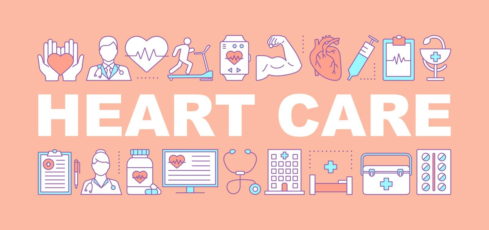 Heart care word concepts banner. Cardiology. Cardiovascular disease treatment and diagnosis. Isolated lettering typography idea with linear icons. Vector outline illustration