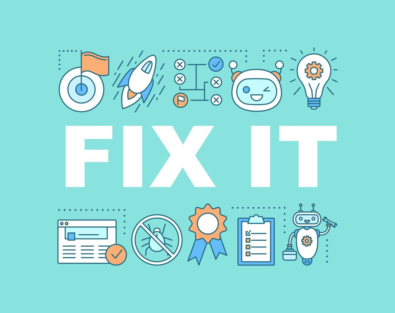 Fix it word concepts banner. Service center. Support software. Chatbot, antivirus program, website management. Isolated lettering typography idea with linear icons. Vector outline illustration