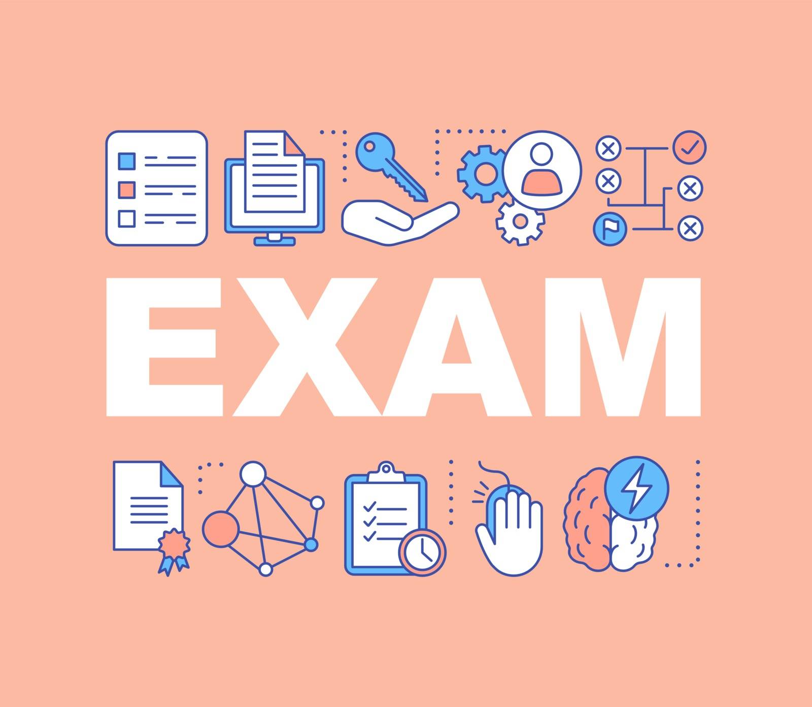 Exams word concepts banner. Examination. Presentation, website. Educational testing. Solution searching. Isolated lettering typography idea with linear icons. Vector outline illustration