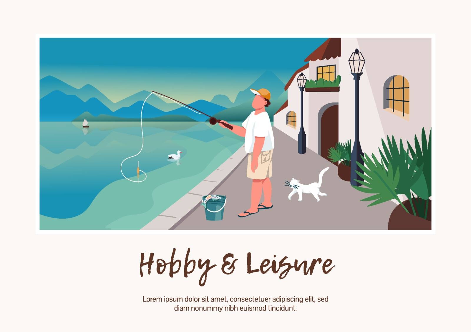 Hobby and leisure banner flat vector template. Brochure, poster concept design with cartoon characters. Man fishing. Holiday at seafront village horizontal flyer, leaflet with place for text